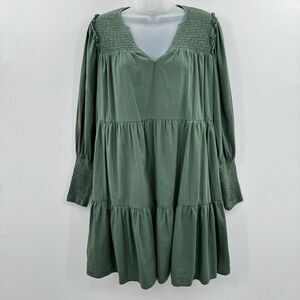 Pomander Place Ceci Mini Dress Size S Green Cotton Tiered Smocking V-Neck Lined